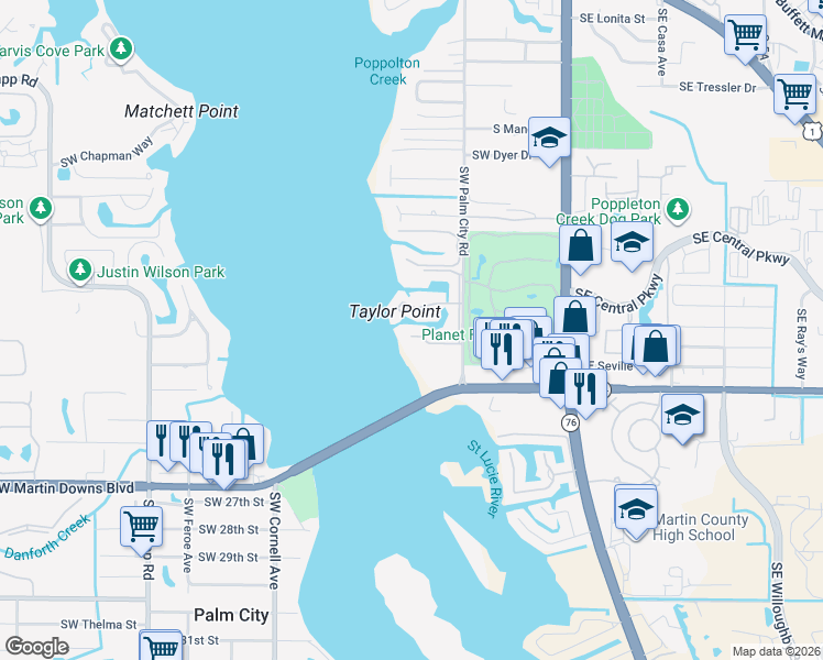map of restaurants, bars, coffee shops, grocery stores, and more near 1984 Southwest Palm City Road in Stuart