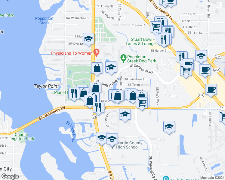 map of restaurants, bars, coffee shops, grocery stores, and more near 58 Southeast Palermo in Stuart