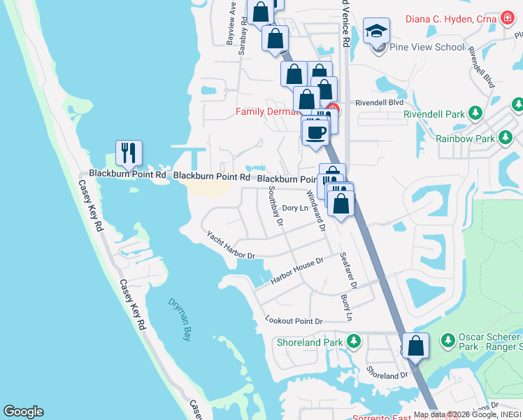 map of restaurants, bars, coffee shops, grocery stores, and more near 1234 Southbay Drive in Osprey
