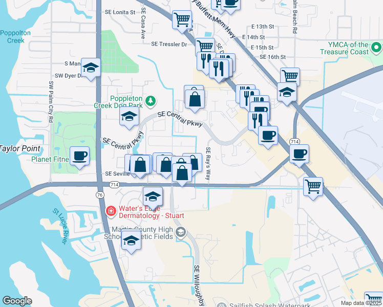 map of restaurants, bars, coffee shops, grocery stores, and more near 568 Southeast Tejon Street in Stuart