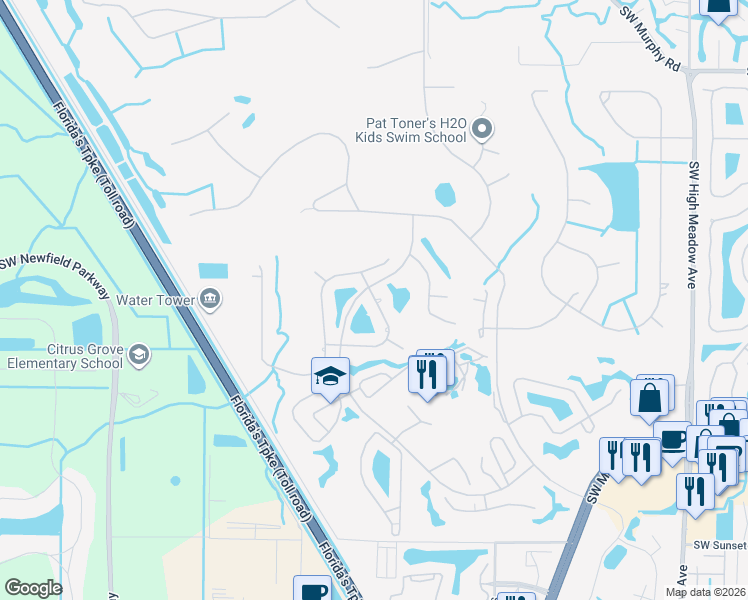 map of restaurants, bars, coffee shops, grocery stores, and more near 2245 Southwest Creekside Drive in Palm City