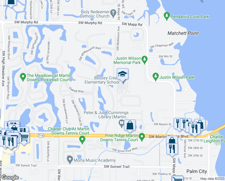 map of restaurants, bars, coffee shops, grocery stores, and more near 2017 Southwest Bradford Place in Palm City