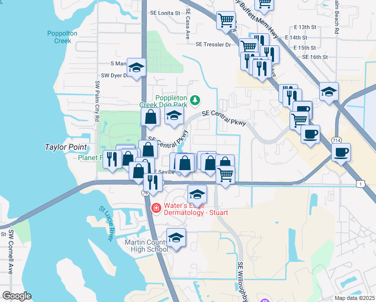 map of restaurants, bars, coffee shops, grocery stores, and more near 58 Southeast Palermo in Stuart