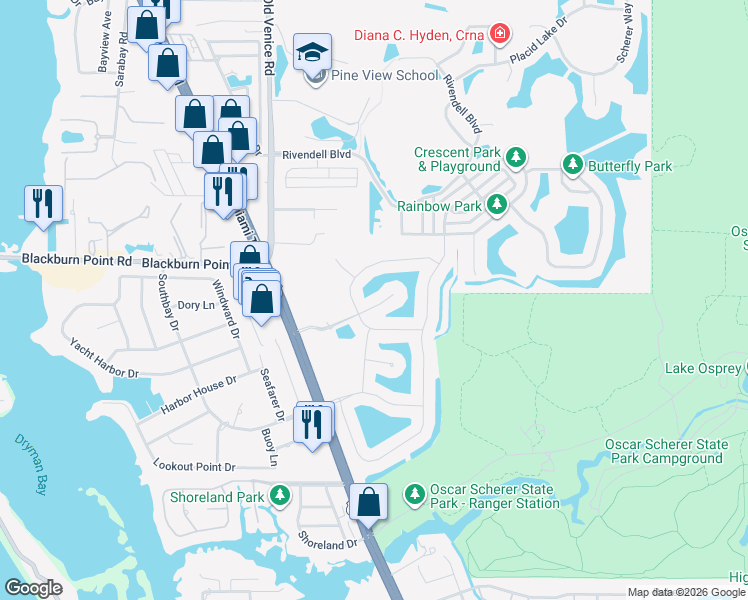 map of restaurants, bars, coffee shops, grocery stores, and more near 519 Habitat Boulevard in Osprey