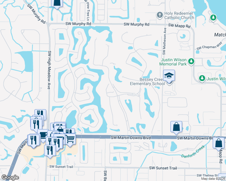 map of restaurants, bars, coffee shops, grocery stores, and more near 2381 Southwest Foxpoint Way in Palm City