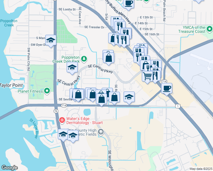 map of restaurants, bars, coffee shops, grocery stores, and more near 568 Southeast Tejon Street in Stuart