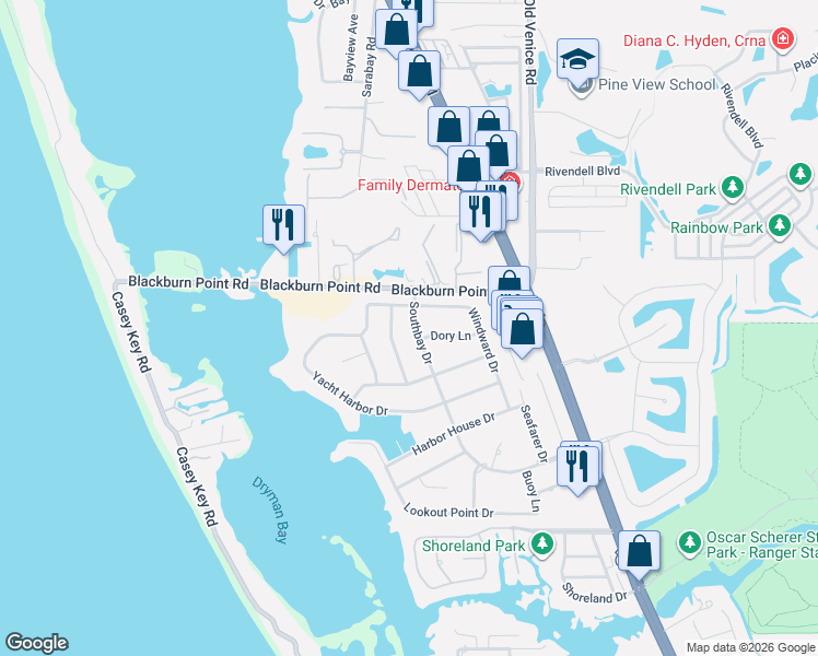 map of restaurants, bars, coffee shops, grocery stores, and more near 1234 Southbay Drive in Osprey