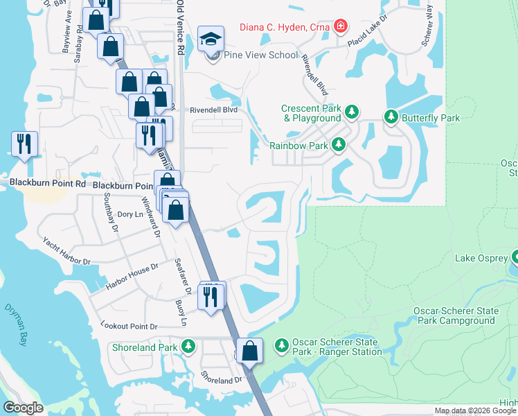 map of restaurants, bars, coffee shops, grocery stores, and more near 519 Habitat Boulevard in Osprey