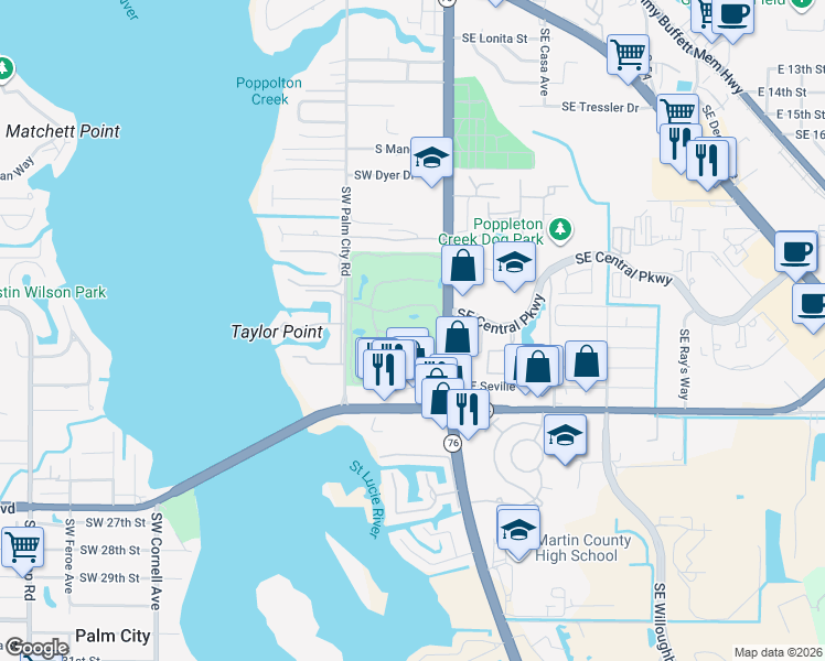 map of restaurants, bars, coffee shops, grocery stores, and more near 1967 Southwest Palm City Road in Stuart