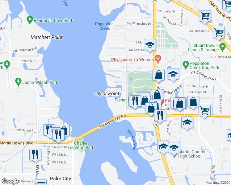 map of restaurants, bars, coffee shops, grocery stores, and more near 1950 Southwest Palm City Road in Stuart