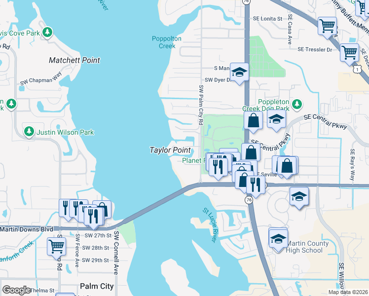 map of restaurants, bars, coffee shops, grocery stores, and more near 1950 Southwest Palm City Road in Stuart
