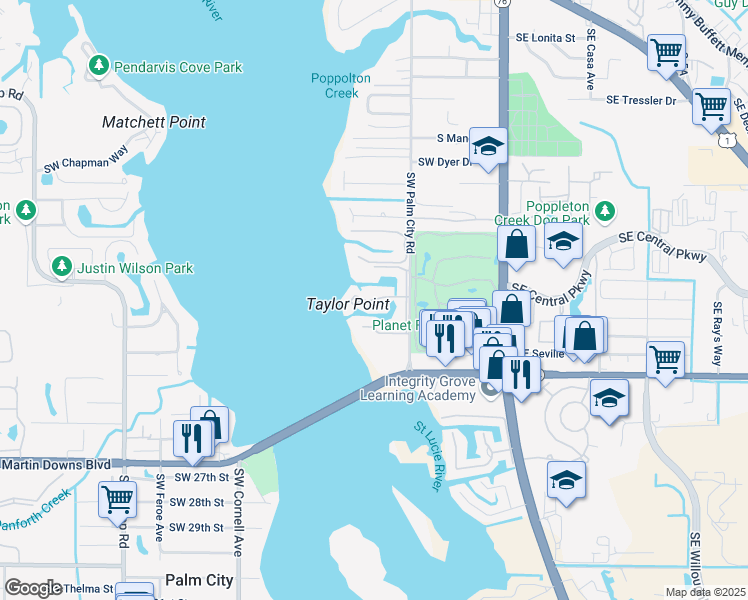 map of restaurants, bars, coffee shops, grocery stores, and more near 1950 Southwest Palm City Road in Stuart