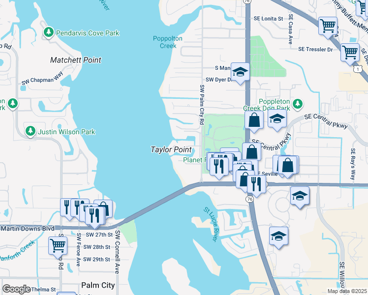 map of restaurants, bars, coffee shops, grocery stores, and more near 1950 Southwest Palm City Road in Stuart