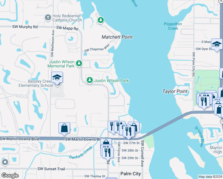 map of restaurants, bars, coffee shops, grocery stores, and more near 1250 Southwest Carl Metz Lane in Palm City