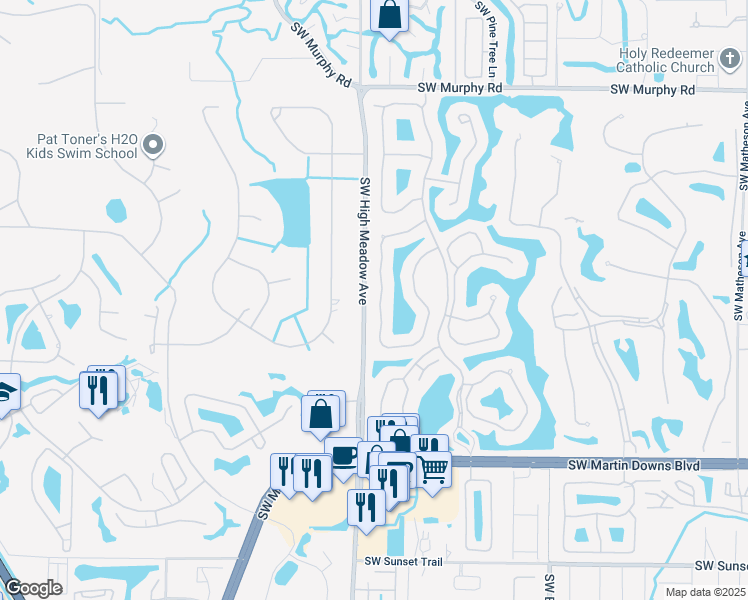 map of restaurants, bars, coffee shops, grocery stores, and more near 2863 Southwest Brighton Way in Palm City