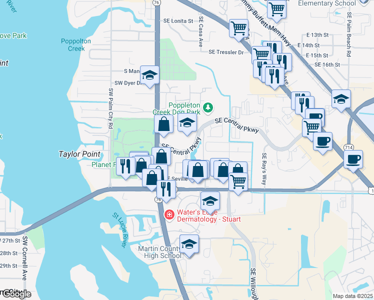 map of restaurants, bars, coffee shops, grocery stores, and more near 35 Southeast Central Parkway in Stuart