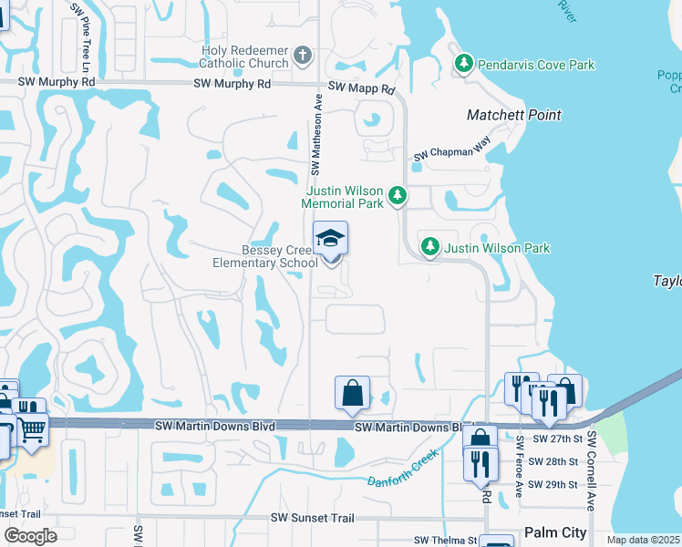 map of restaurants, bars, coffee shops, grocery stores, and more near 2201 Southwest Matheson Avenue in Palm City
