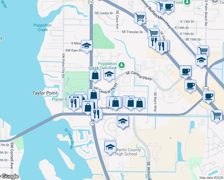 map of restaurants, bars, coffee shops, grocery stores, and more near 40 Southeast Central Parkway in Stuart