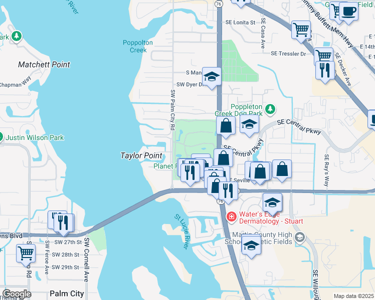 map of restaurants, bars, coffee shops, grocery stores, and more near 1989 Southwest Palm City Road in Stuart