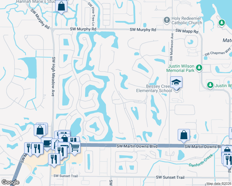 map of restaurants, bars, coffee shops, grocery stores, and more near 2381 Southwest Foxpoint Way in Palm City