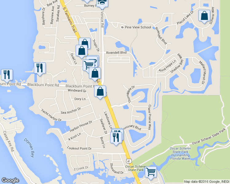 map of restaurants, bars, coffee shops, grocery stores, and more near 1301 South Tamiami Trail in Osprey