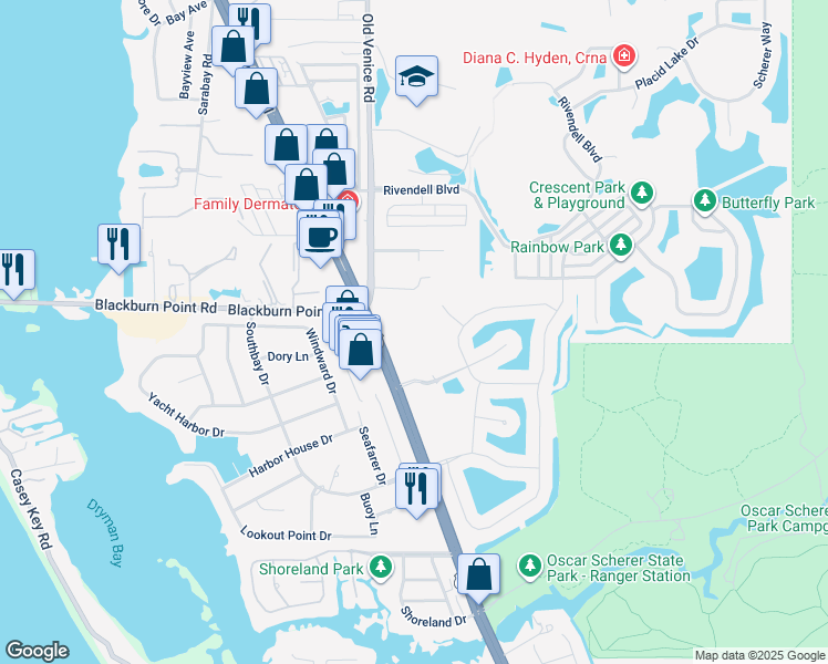 map of restaurants, bars, coffee shops, grocery stores, and more near 1301 S Tamiami Trail in Osprey