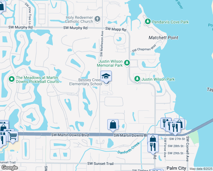 map of restaurants, bars, coffee shops, grocery stores, and more near 2201 Southwest Matheson Avenue in Palm City