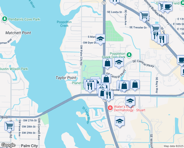 map of restaurants, bars, coffee shops, grocery stores, and more near 1971 Southwest Palm City Road in Stuart