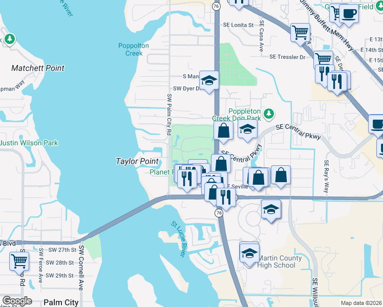 map of restaurants, bars, coffee shops, grocery stores, and more near 1971 Southwest Palm City Road in Stuart