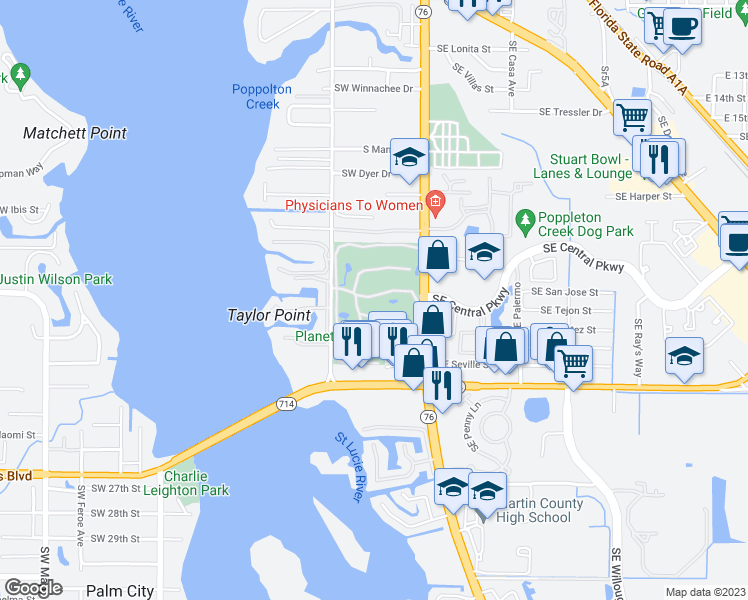 map of restaurants, bars, coffee shops, grocery stores, and more near 1971 Southwest Palm City Road in Stuart