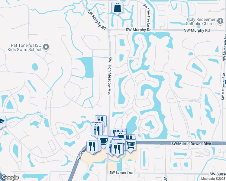 map of restaurants, bars, coffee shops, grocery stores, and more near 2863 Southwest Brighton Way in Palm City