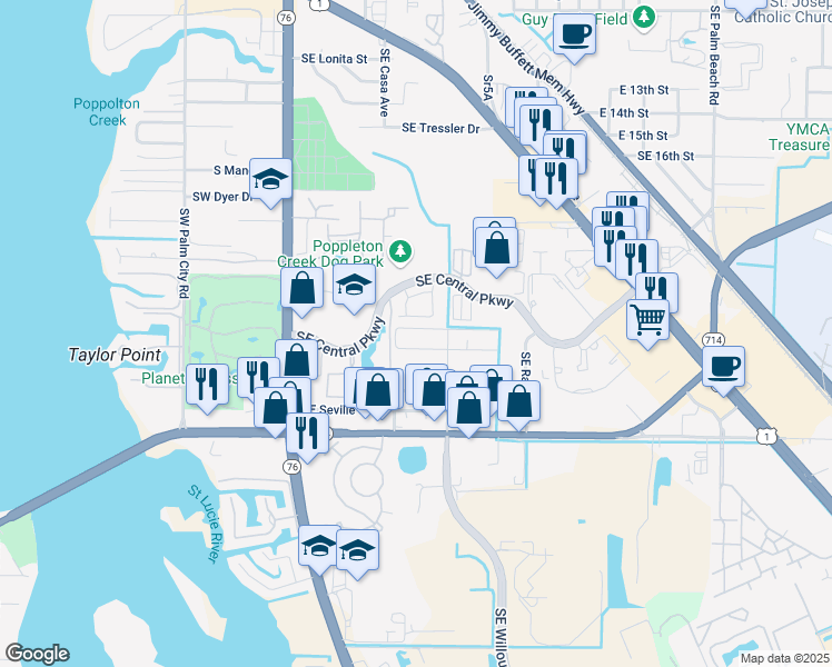 map of restaurants, bars, coffee shops, grocery stores, and more near 328 Southeast Tejon Street in Stuart