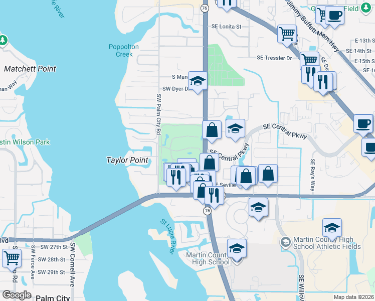 map of restaurants, bars, coffee shops, grocery stores, and more near 1971 Southwest Palm City Road in Stuart