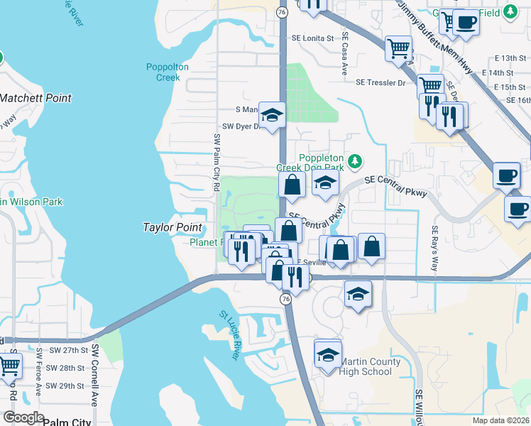 map of restaurants, bars, coffee shops, grocery stores, and more near 1971 Southwest Palm City Road in Stuart
