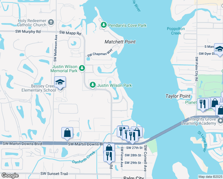 map of restaurants, bars, coffee shops, grocery stores, and more near 2105 Southwest Mapp Road in Palm City