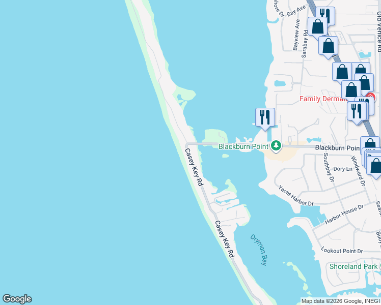 map of restaurants, bars, coffee shops, grocery stores, and more near 5 North Casey Key Road in Osprey