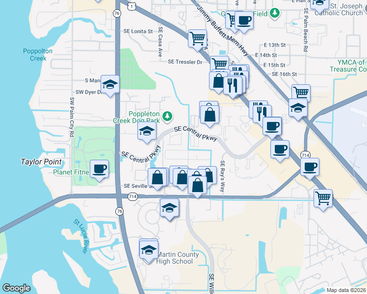 map of restaurants, bars, coffee shops, grocery stores, and more near 40 Southeast Central Parkway in Stuart