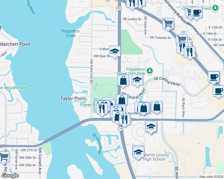 map of restaurants, bars, coffee shops, grocery stores, and more near 1901 Southwest Palm City Road in Stuart