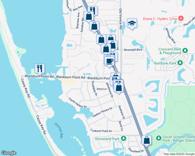 map of restaurants, bars, coffee shops, grocery stores, and more near Blackburn Point Rd & Pine Run Dr in Osprey