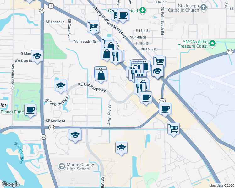map of restaurants, bars, coffee shops, grocery stores, and more near 802 Southeast Central Parkway in Stuart
