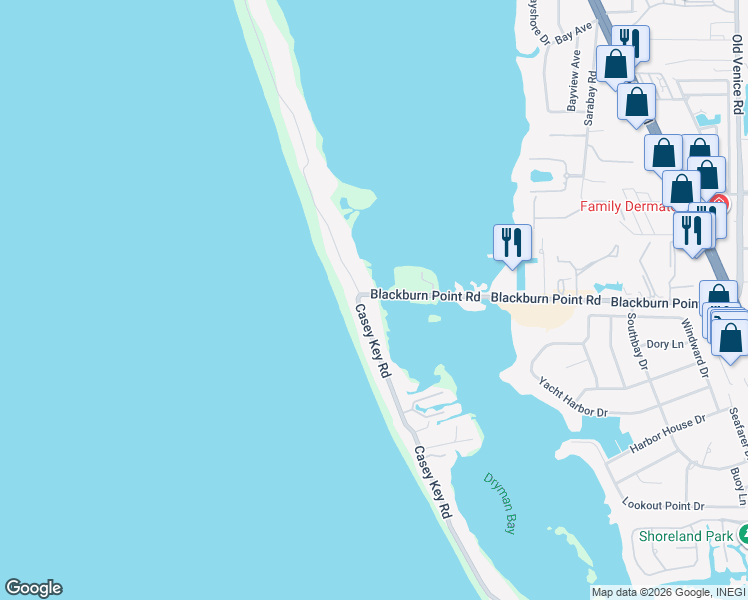 map of restaurants, bars, coffee shops, grocery stores, and more near 2001 Blackburn Point Road in Osprey