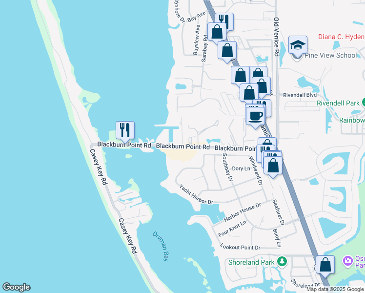 map of restaurants, bars, coffee shops, grocery stores, and more near Blackburn Point Road in Osprey