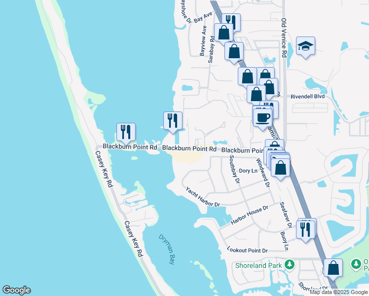 map of restaurants, bars, coffee shops, grocery stores, and more near Blackburn Point Road in Osprey