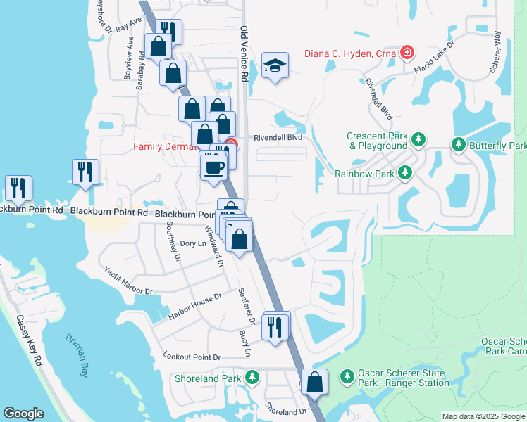 map of restaurants, bars, coffee shops, grocery stores, and more near 1251 South Tamiami Trail in Osprey