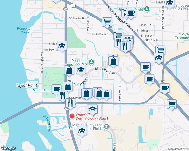 map of restaurants, bars, coffee shops, grocery stores, and more near 356 Se Sea Hunt Way in Stuart