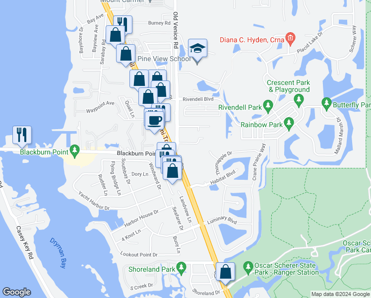 map of restaurants, bars, coffee shops, grocery stores, and more near 1251 South Tamiami Trail in Osprey