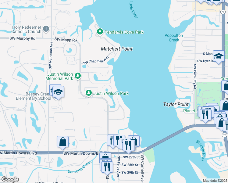 map of restaurants, bars, coffee shops, grocery stores, and more near 1888 Southwest Mooring Drive in Palm City