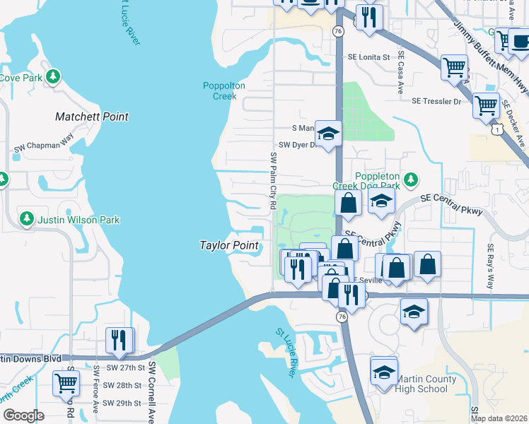map of restaurants, bars, coffee shops, grocery stores, and more near 1850 Southwest Palm City Road in Stuart
