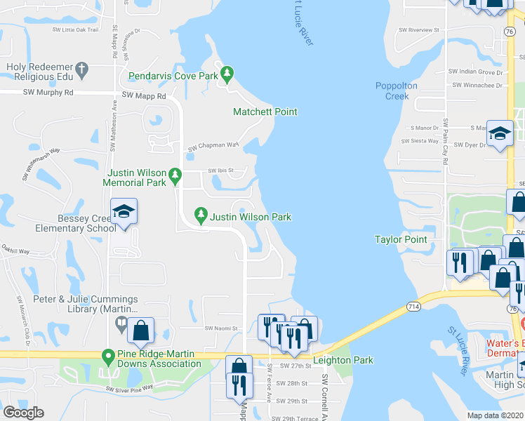 map of restaurants, bars, coffee shops, grocery stores, and more near 1888 Southwest Mooring Drive in Palm City