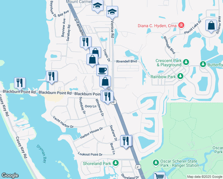 map of restaurants, bars, coffee shops, grocery stores, and more near 1001 South Tamiami Trail in Osprey